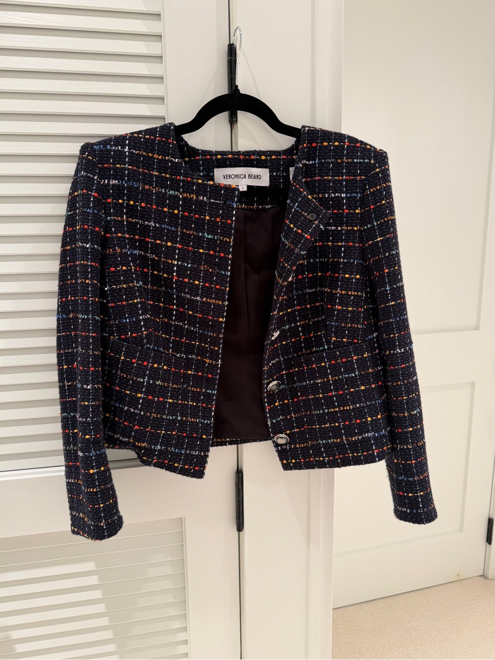Veronica Beard Navy Multicolor Tweed Collarless Blazer - Picture 3 of 6
